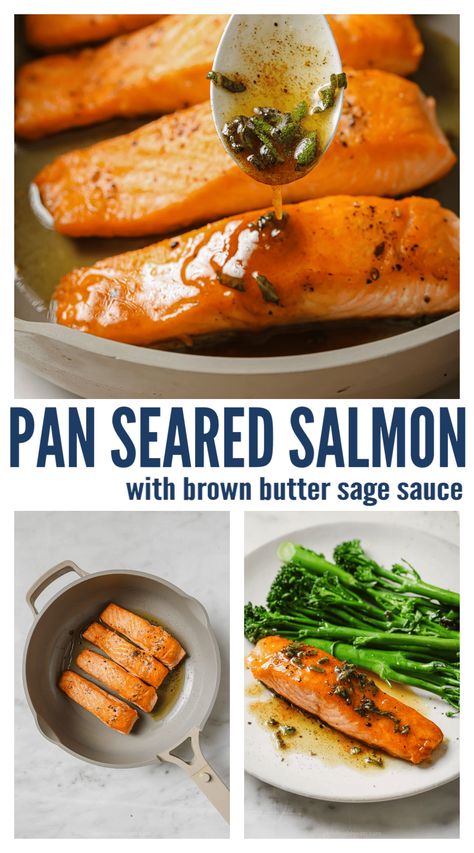 Perfectly buttery and flaky, this pan seared salmon topped with brown butter sage sauce for a fun at-home fine-dining experience. With hints of honey and earthy nutmeg, this 30-minute dinner is also perfect for any weeknight. #salmonrecipe #salmondinner #pansearedsalmon #brownbuttersauce #brownbutter #fallrecipes #comfortfood Sage Brown Butter Sauce, Butter Sage Sauce, Sage Brown Butter, Brown Butter Sage Sauce, Brown Butter Sage, Sage Sauce, Brown Butter Sauce, Sunday Dinners, Butter Salmon