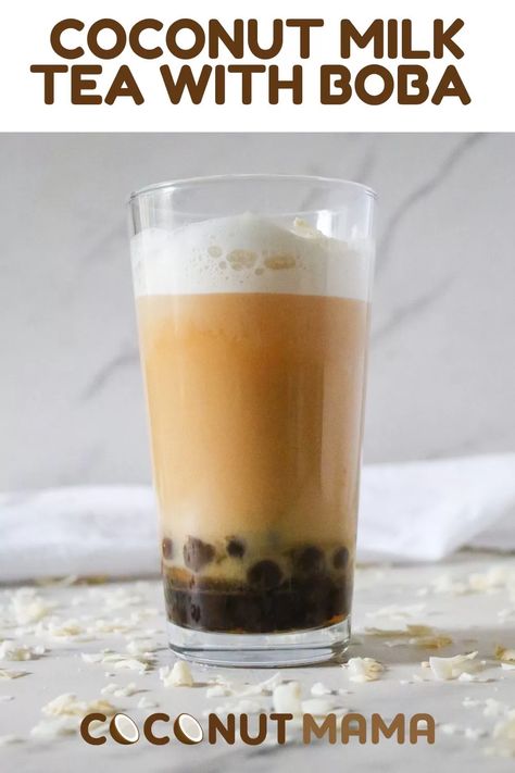 Make this delicious coconut milk tea with boba at home in just a few minutes! This coconut bubble tea is made with coconut tea, tapioca pearls, coconut milk and honey. Coconut Milk Tea Boba, Coconut Milk Tea Recipe, Coconut Boba Tea Recipe, Coconut Bubble Tea Recipe, Cocnut Milk, Boba At Home, Milk Tea With Boba, Coconut Milk Tea, Boba Tea Recipe