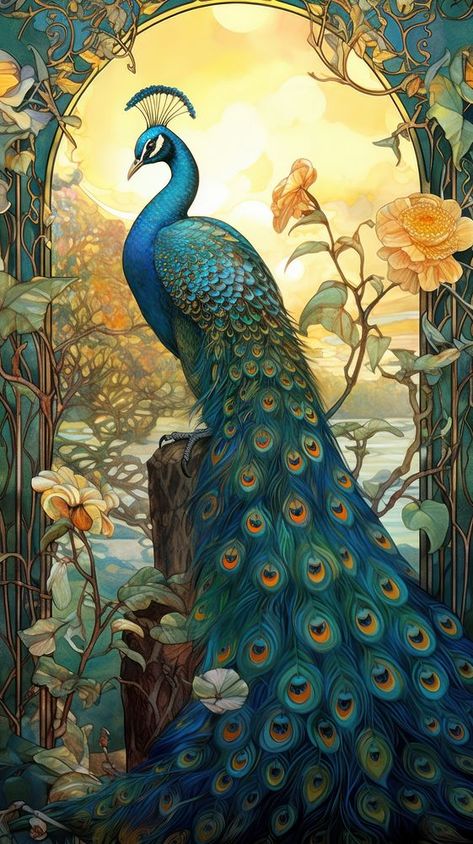 An art nouveau drawing of a peacock on landscape animal bird creativity. | premium image by rawpixel.com / chu_chutima Art Nouveau Borders, Art Nouveau Drawing, Roses Iphone Wallpaper, Peacock Background, Wallpaper Peacock, Peacock Artwork, Art Deco Animals, Fairy Tale Art, Painting Peacock