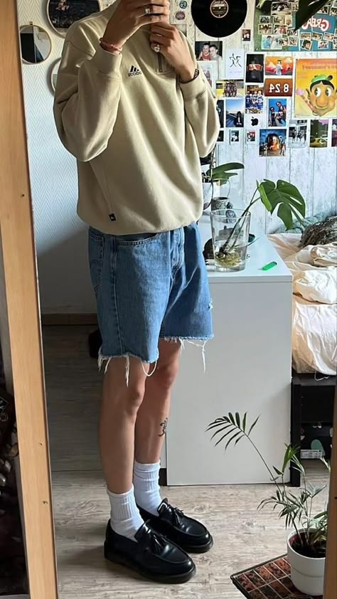 Loafers And Jorts Outfit Men, Shorts And Loafers Men, Jort Outfits Boys, Loafers With Jorts, Adrian Loafer Outfit, Shorts Loafers Outfit, Adrian Loafer Outfit Men, Men’s Loafers Outfit, Outfits 00s Style