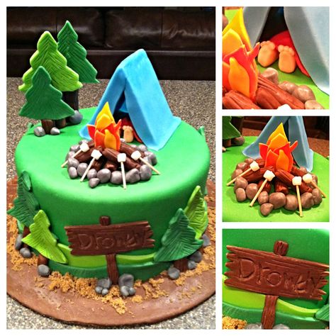 Camping cake 7 Camping Theme Cakes, Camping Birthday Cake, Camping Cake, Campfire Cake, Camping Cakes, Cake Painting, 7 Cake, Cake Liner, Number Cake Toppers