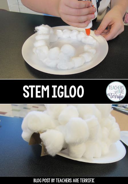 STEM Challenges: These three challenges are all about snow! Students build snowflakes, snowmen, and igloos! Perfect if you live where it does not snow very much! Winter Engineering Activities For Kids, Winter Experiments For Preschool, Winter Stem Activities For Preschool, Cotton Ball Igloo Craft, School Winter Activities, Igloo Theme Preschool, Christmas Steam Activities Elementary, 3rd Grade Stem Challenge, Preschool Winter Stem Activities