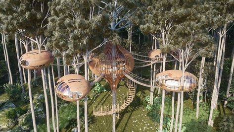 The nests cabins: Treehouse hotels desig|Visualization Treehouse Design Architecture, Luxury Tree Houses, Treehouse Hotel, Forest Lodge, Organic Structure, Cool Tree Houses, Tree House Designs, Interior Design Courses, Architecture Model House