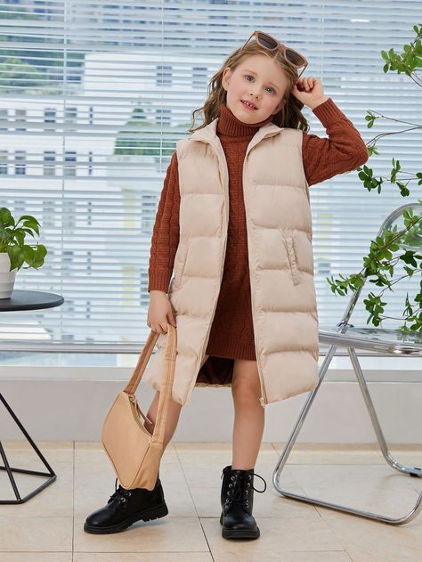 Khaki Casual Collar Sleeveless Woven Fabric Plain vest,Puffer Embellished Non-Stretch  Young Girls Clothing Vest Puffer, Plain Vest, Chaleco Casual, Shein Kids, Vest Coat, Winter Coats, Puffer Vest, Girls Clothing, Winter Coat