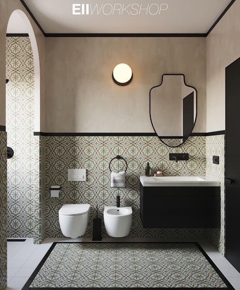 spanish bathroom on Behance Resort Style Bathroom Interior Design, Traditional Indian Bathroom, Toilet Tile Design, Spanish Bathroom Design, Spanish Tiles Bathroom, Indian Bathroom Tiles Design Ideas, Indian Bathroom Ideas, Bathroom Indian, Indian Bathroom Tiles Design