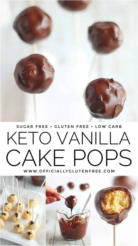 Keto Vanilla Cake Pops | Low Carb Chocolate Dipped Cake Pop Recipe Cake Dipped In Chocolate, Keto Vanilla Cake, Protein Cake Pops, Vanilla Cake Pops, Cake Dip, Moist Vanilla Cake, Ketogenic Desserts, Canned Frosting, Sugar Free Cake