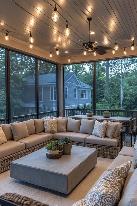 42 Ideas You'll love for a Stunning Screened in Porch | VIVA Screened In Porch Off Back Of House, Four Seasons Sunroom Ideas, 3 Season Room Ceiling Ideas, Outdoor Closed In Patio Ideas, Covered Patio To Sunroom, Closed In Patio Decorating Ideas, Deck And Sunroom Combo, Back Patio Sunroom, Deck Off Of Sunroom