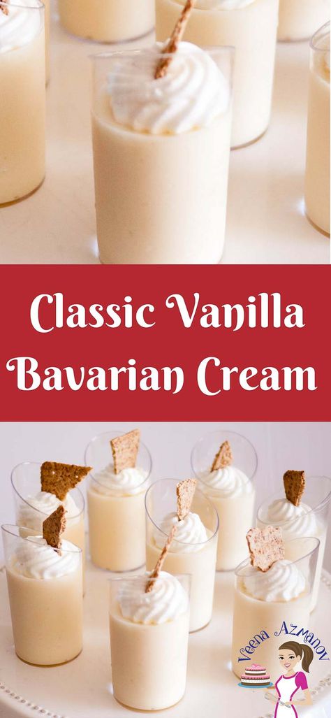 A classic French dessert that is delicious as exotic as it looks. A vanilla Bavarian Cream also called creme' Bavaria or just Bavarios is a custard based dessert made with vanilla pastry cream as a base. Infused with vanilla or liquor then lighted with fresh whipped cream. #Bavarian #cream #Bavaria #dessert #recipe #vanilla #filling Trendy Desserts, Bavarian Cream Filling, Dominican Cake, Easy Impressive Dessert, Cream Filling Recipe, Vanilla Pastry Cream, Impressive Dessert, Pastry Cream Filling, Classic French Desserts