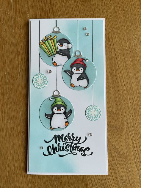 Christmas Cards With Penguins, Penguin Christmas Cards Handmade, Diy Christmas Cards Handmade Ideas, Christmas Card Penguin, Stampin Up Penguin, Card Ideas For Christmas, Christmas Greeting Cards Diy, Penguin Christmas Cards, Christmas Diary