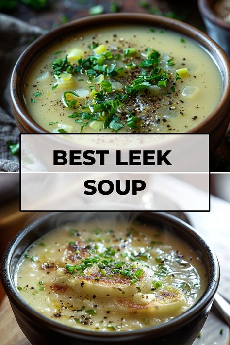 Indulge in the comforting flavors of leek soup with these delicious and healthy recipes. From creamy potato leek soup to light and refreshing variations, you'll find a recipe to suit every craving. These leek soup recipes are not only satisfying but also packed with nutrients, making them a great choice for a nourishing meal. Whether you're looking for a quick weeknight dinner or wanting to impress guests at your next gathering, these wholesome leek soup recipes will surely make an impact. Baked Potato And Leek Soup, Leek Soup Recipes French, Potatoes Leek Soup Recipe, Fall Leek Recipes, Leek And Chicken Soup, Magic Leek Soup Recipe, Onion Leek Soup, Leek Soup Recipes Healthy, What To Do With Leeks