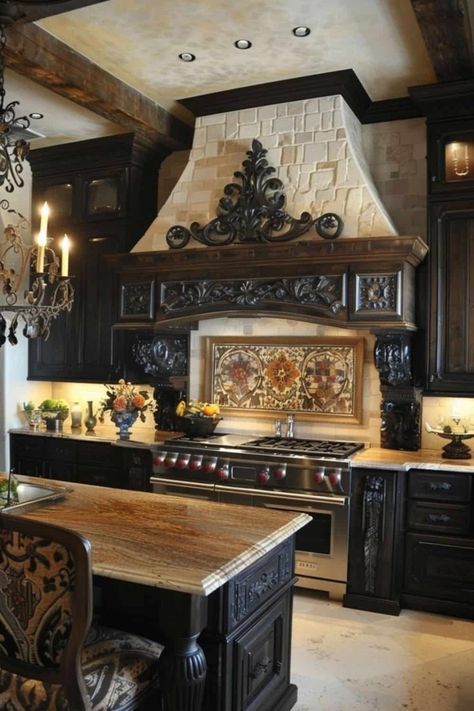 Dark French Country, Tuscan Farmhouse Kitchen, Tuscan Kitchen Backsplash, Luxury Farmhouse Kitchen, Smart Kitchen Technology, Tuscan Style Decor, Kitchens Designs, Moody Decor, European Elegance