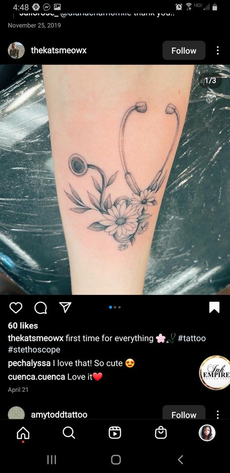 Floral Nursing Tattoo, Nursing Student Tattoo Ideas, Stethoscope Flower Tattoo, Anesthesiologist Tattoo Ideas, Stethoscope With Flowers Tattoo, Floral Nurse Tattoo, Pediatric Nurse Tattoo, Nurse Tattoos For Women, Tattoos For Nurses