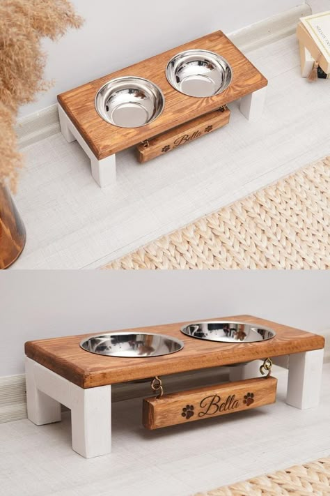 Dog Bowl Stand Diy, Cat Food Stand, Pet Bowl Stand, Diy Cat Food, Dog Station, Dog Food Station, Cat Bowl Stand, Dog Bowl Holder, Dog Feeding Station