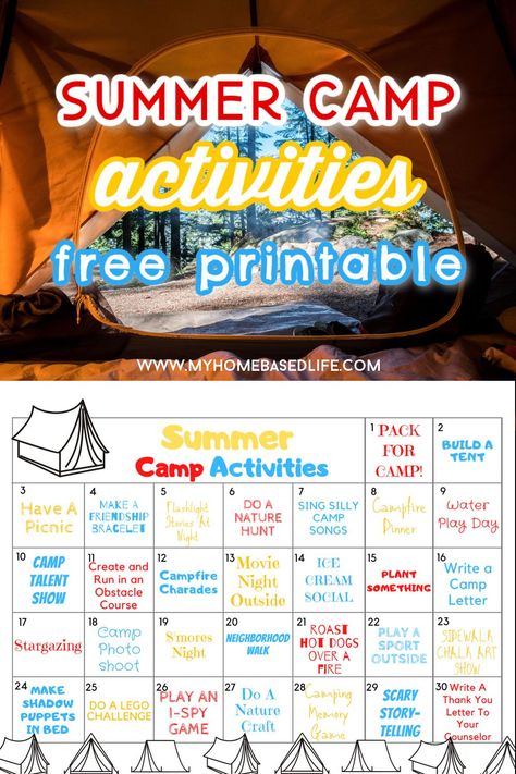 summer camp activities at home and a free printable Camp Day Activities, Outdoor Camp Activities, Kids Camp Activities Summer, Summer Camp Program Ideas, Daycamp Activities For Kids, Camping For Kids Activities, Family Camp Activities, Christian Summer Camp Themes, Summer Camp Themes For Kids