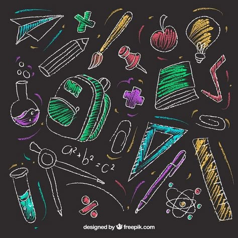 Chalkboard School Art, Back To School Chalkboard Art, School Chalkboard Art, School Elements, Chalkboard Clipart, Chalkboard Doodles, Space Doodles, Blackboard Art, Chalkboard Vector