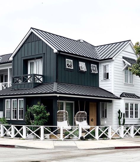 Kathleen Field Utah Designer on Instagram: “Going for a bike ride this morning, so I thought I’d share this black and white charmer shot by @greigedesign while riding her bike in…” Black Metal Roof, White Porch, White Exterior Houses, Brick Steps, Porch Roof, Hill Interiors, White Windows, Casa Exterior, Modern Farmhouse Exterior