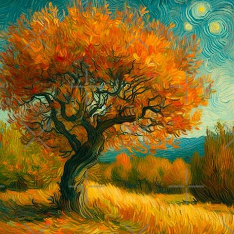 Van Gogh Style Tree in Autumn by Star-Fragment | Redbubble Van Gogh Autumn, Van Gogh Trees, Star Fragment, Tree In Autumn, Van Gogh Landscapes, Van Gogh Style, Scenery Art, Painted Vans, Fall Tree