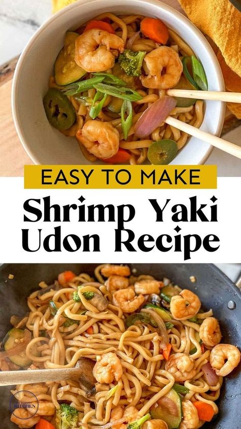 If you love noodle recipes, you're going to want to try this easy shrimp yaki udon recipe! This shrimp yaki udon recipe is a stir-fried Japanese udon noodle dish that's savory, sweet, and just a bit spicy. If you've been looking for a shrimp stir fry recipe to make, you need to try this simple to make shrimp yaki udon stir fry. Coming together in under an hour, this shrimp yaki udon is a healthy, delicious dinner perfect for weeknights! Stir Fry Shrimp Recipes, Yaki Udon, Udon Recipe, Summer Pasta Dishes, Homemade Noodles, Weeknight Dinner Recipes Easy, Summer Recipes Dinner, Clean Eating Dinner, Healthy Summer Recipes