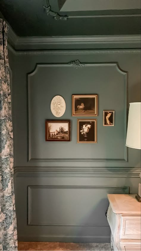 Wall Molding With Picture Frames, Rooms With Molding, Wall Molding Gallery Wall, Victorian Moulding Wall, What To Do With Wall Space, Picture Molding Gallery Wall, Vintage Trim Molding, Gallery Wall With Paneling, Gallery Wall With Wainscoting