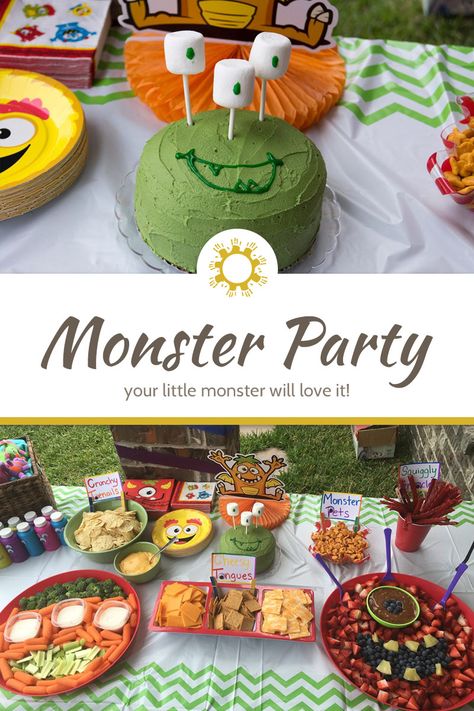 A monster birthday party is easy to do yourself. Put some eyes and funny faces on a few things, some bright colors, and you have monsters! #birthdayparty Monster Bash Halloween Party, Monster Birthday Theme, Monster Mash Birthday Party, Monster Themed Food, Monster Party Food, Monster Food, Monster Birthday Party, Monster Inc Birthday, Happy Birthday Boy