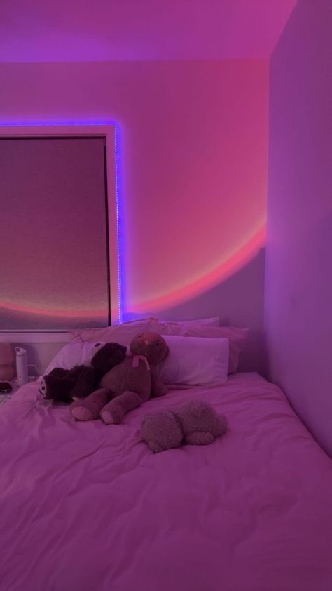 Pink Bedtime Aesthetic, Bedroom Y2k Aesthetic, Cute Y2k Bedroom, Coquette Room With Led Lights, Led Light Room Aesthetic, Pink Led Lights Bedroom, Pink Led Lights Aesthetic, Pink Light Aesthetic, Pink Y2k Bedroom