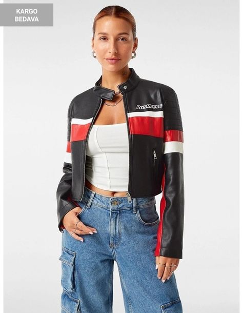 Racer Jacket Outfit Women, Racer Jacket Outfit, Racing Jacket Outfit, Motorcycle Jacket Outfit, Biker Jacket Outfit, Bershka Jacket, Cropped Biker Jacket, Jacket Outfit Women, Womens Biker Jacket