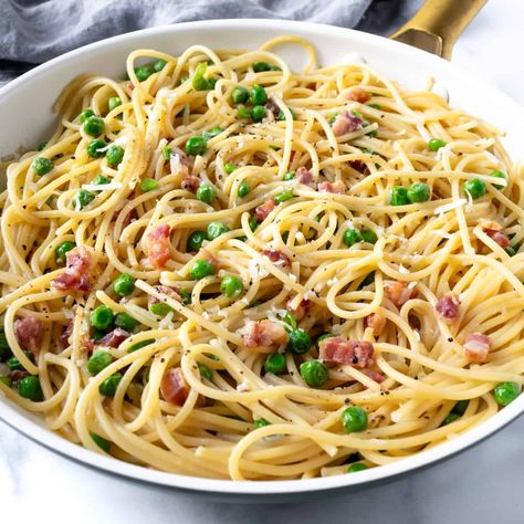 Pasta with Peas and Pancetta Creamy Pancetta And Peas Pasta, Pasta With Pancetta And Peas Giada De Laurentiis, Pasta Peas Pancetta, Pasta Pancetta Recipes, Pancetta And Peas Pasta, Pasta With Pancetta And Peas, Peas And Pancetta, Pasta And Peas, Pasta Peas