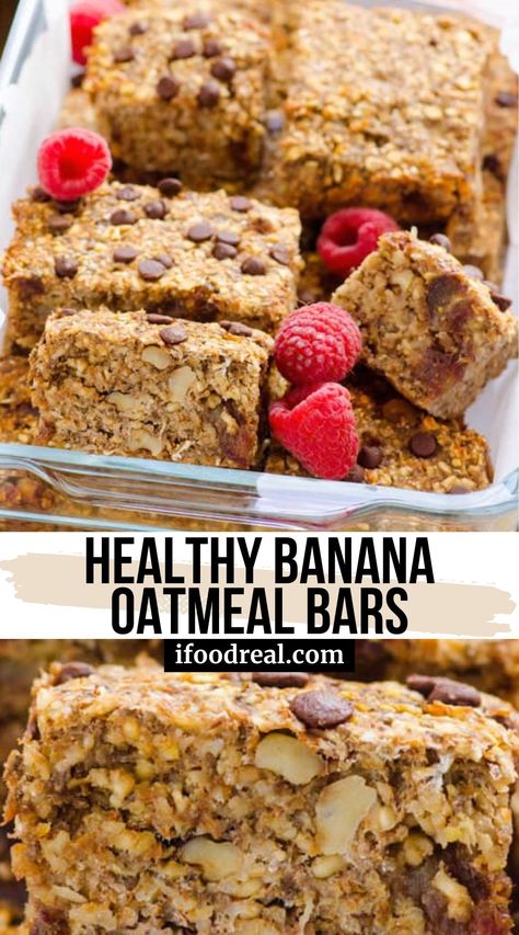 Healthy Banana Oatmeal Bars are made with ripe bananas, oats, dates, and all the delicious add-ins you like in your morning bowl of oats! A portable quick and easy breakfast or healthy snacks idea. Banana Oat Bars Recipe, Healthy Breakfast Bars Recipes Protein, What To Make With Ripe Bananas Healthy, Healthy Recipes With Ripe Bananas, Banana Oatmeal Bars Healthy, Oatmeal Banana Bars, Ripe Banana Recipes Healthy, Banana Breakfast Bars, Muffin Meals