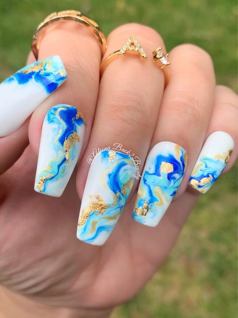 Beach Marble Nails, Seaside Nails, Waves Nails, Marble Nails Teal, Light Blue Marble Nails With Gold Flakes, Cali Nails, Marble Turquoise Nails, Ocean Blue Marble Nails, Gemstone Nails