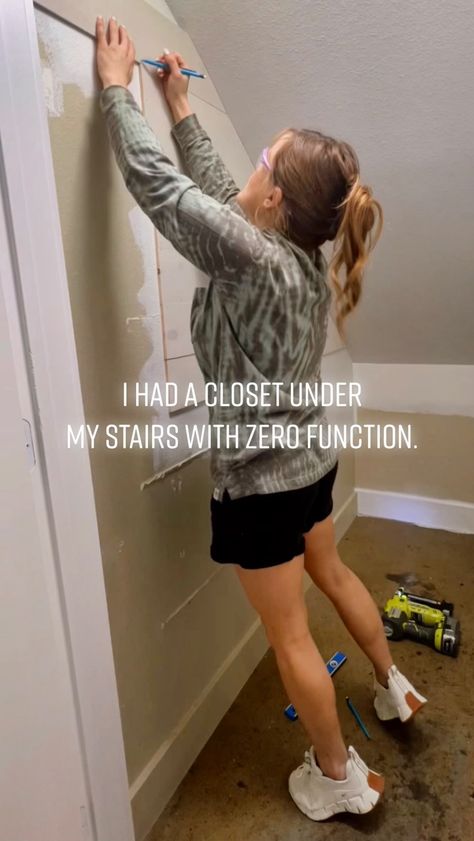 My closet under my stairs was a total eyesore. It has zero function. So… I gave her a little makeover 😍 find links to all the goodies in … | Instagram Under The Stairs Clothes Closet Ideas, How To Use Space Under Stairs Ideas, Storage Under Steps In Basement, Under Stairs Floating Shelves, Clothing Closet Under Stairs, Craft Storage Under Stairs, Under Stairs Shelf Ideas, Under Stairs Wardrobe Closet Ideas, Under Stairs Appliance Storage