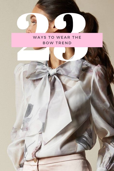 23 Stylish Ways to Wear the Bow Trend. The stylish bow trend is back for summer 2020. Take a look at the many ways you wear the bow trend and how you can accent your outfit with a bow.  #bowtrend2020 #bowtrend #trendyblousedesignswithbow Bow Tie Top Outfit, How To Tie A Blouse Bow, Blouse With Bow, How To Tie A Bow On A Shirt, Bow Fashion Trend 2023, Tie Neck Tops With Bow For Daywear, Bow Top Outfit, Bow Trend, Chic Blouse With Bow Tie Neck