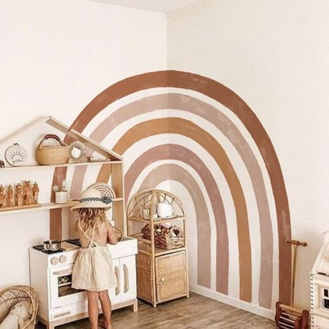 Slanted Walls Nursery, Rainbow Wall Accent, Boho Rainbow Playroom Ideas, Boho Rainbow Accent Wall, Baby Nursery Accent Wall, Boho Rainbow Mural, Boho Rainbow Nursery Girl, Rainbow Wall Art Diy, Boho Wallpaper Accent Wall