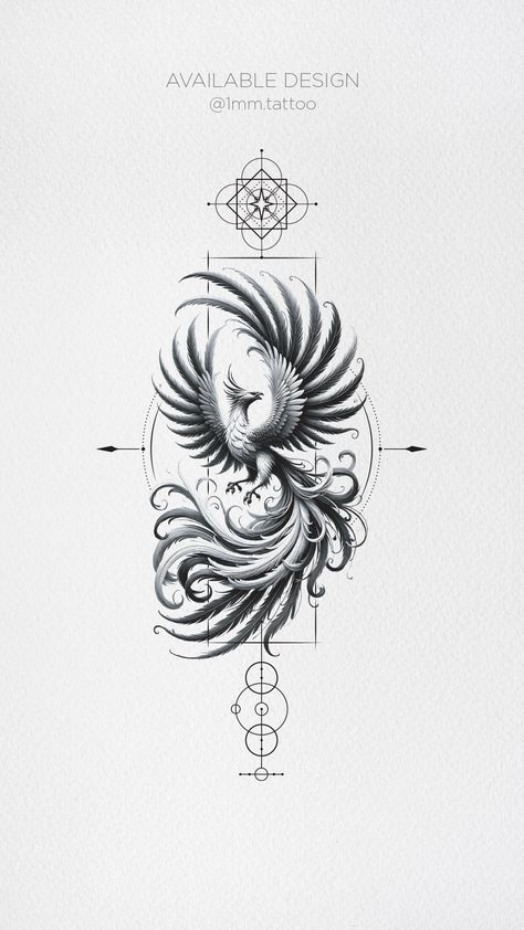 Fine line tattoo of a phoenix with a star and sacred geometric motifs, symbolizing guidance and renewal. Geometric Forearm Tattoo Design, Traditional Pheonix Tattoo Designs, Phoenix Tattoo Geometric, Ash Tattoo Ideas, Phoenix Line Tattoo, Geometric Phoenix Tattoo, Fine Line Phoenix Tattoo, Phoenix And Dragon Tattoo, Phoenix Rising Tattoo