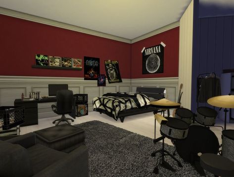 This bedroom is owned by a teenage metal head who dreams of being a drummer of a metal band. Drummer Bedroom, Metalhead Bedroom, Bedroom Teen, Metal Head, Teen Bedroom, Metal Band, A Metal, Bedroom Inspo, Metal Bands