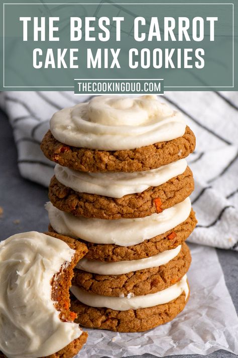 Carrot cake mix cookies stacked on top of each other. Carrot Cake Boxed Recipes, Boxed Carrot Cake Cookies, Box Carrot Cake Cookies, Easy Carrot Cake Desserts, Carrot Cake Box Mix Recipes Desserts, Carrot Cake Cake Mix Cookies, Soft Carrot Cake Cookies, Boxed Carrot Cake Mix Ideas, Carrot Cake Cookies From Cake Mix Recipes