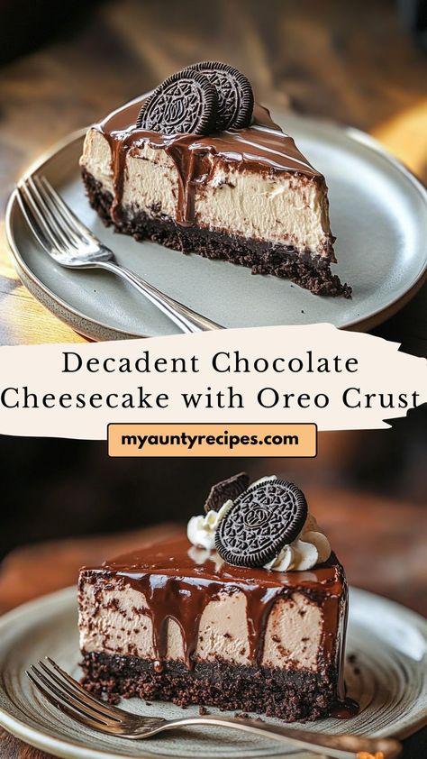 This Ultimate Chocolate Cheesecake with Oreo Crust is perfect for any dessert table, combining creamy chocolate cheesecake with a crispy Oreo base. Ideal for fall recipes, it’s a sweet treat that’s rich, smooth, and deliciously indulgent. A show-stopping dessert for any occasion! Oreo Cheesecake With Chocolate Ganache, Chocolate Chip Cheesecake Oreo Crust, Oreo Cheesecake Desserts, Homemade Oreo Cheesecake Recipes, Cheesecake Recipes Oreo Crust, Choc Cheesecake Recipes, Brownie Based Desserts, Oreo Crust Desserts, Chocolate Crust Cheesecake