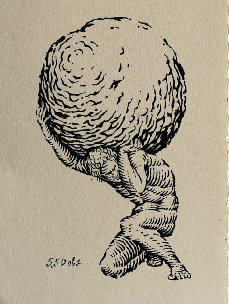 Etching Drawing Illustration, Optimistic Nihilism Tattoo, Nihilism Tattoo Ideas, Sisphyus Tattoo, Sisyphus Drawing, Crosshatch Tattoo, Woodcut Tattoo Flash, Medieval Engraving Tattoo, Sisyphus Art