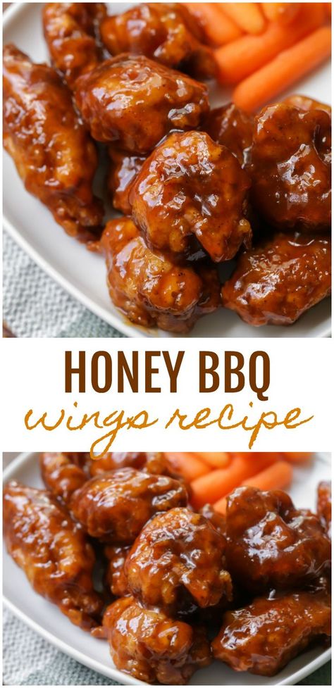 No need to go out for wings when you can make them from home! Delicious homemade boneless chicken wings, double breaded, baked to a crispy perfection, then smothered in sweet and tangy honey bbq sauce. This Boneless Honey BBQ Wings recipe makes for the perfect game day appetizer, or weekend dinner item! Homemade Boneless Chicken Wings, Boneless Honey Bbq Wings, Honey Bbq Wings Recipe, Boneless Wing Recipes, Wings Bbq, Bbq Wings Recipe, Honey Wings, Honey Bbq Wings, Boneless Chicken Wings