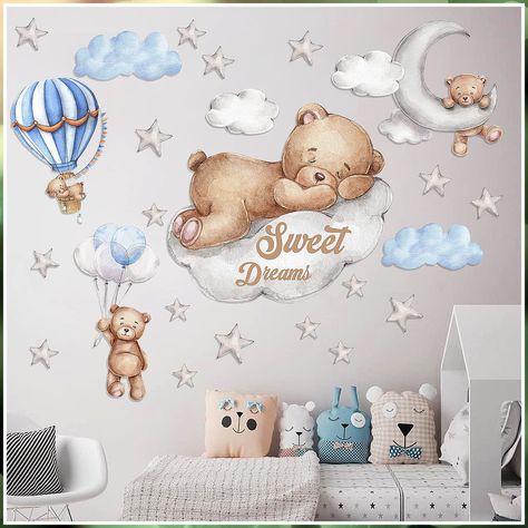 Tedy Bear Sleeping on The Moon and Stars Wall Stickers for Kids Baby Room Decor Sweet Dream Moon Hot Air Balloon Star Baby Nu Playroom Wall Decals, Starlit Sky, Clouds Nursery, Bear Nursery, Twinkling Stars, Fluffy Clouds, Nursery Wall Stickers, Wall Decor Decals, Cat Air