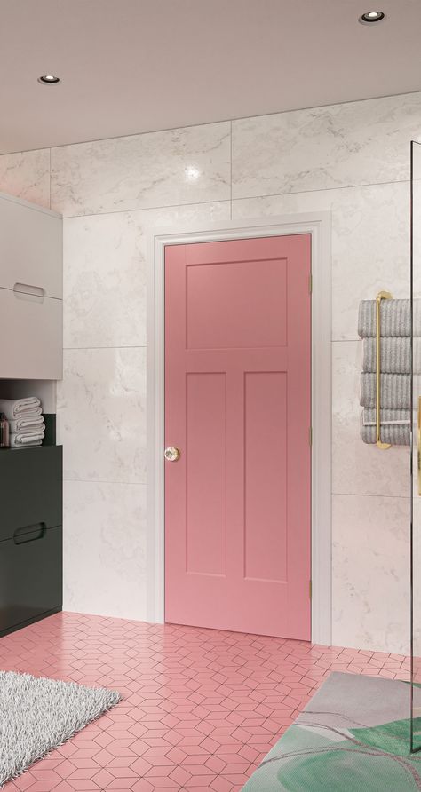 pink solid core interior door from Masonite Doors Pink Door Interior, Pink Bedroom Door Ideas, Interior Pink Doors, Pink Interior Door, Barbiecore Bathroom, Pink Doors Interior, Light Pink Front Door, Pink Door Exterior, Pink Bedroom Door