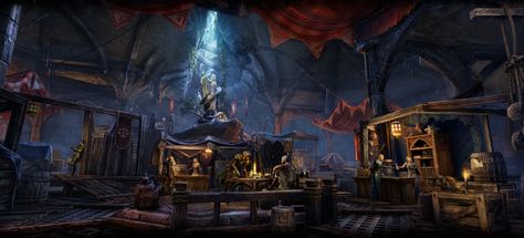 Thieves Den at Abah's Landing in Hew's Bane (ESO loading screen) Skyrim Thieves Guild, Thieves Guild, Adventurer's Guild, Elder Scrolls Art, Elder Scrolls Online, The Elder Scrolls, Minecraft Creations, Fantasy Inspiration, Elder Scrolls