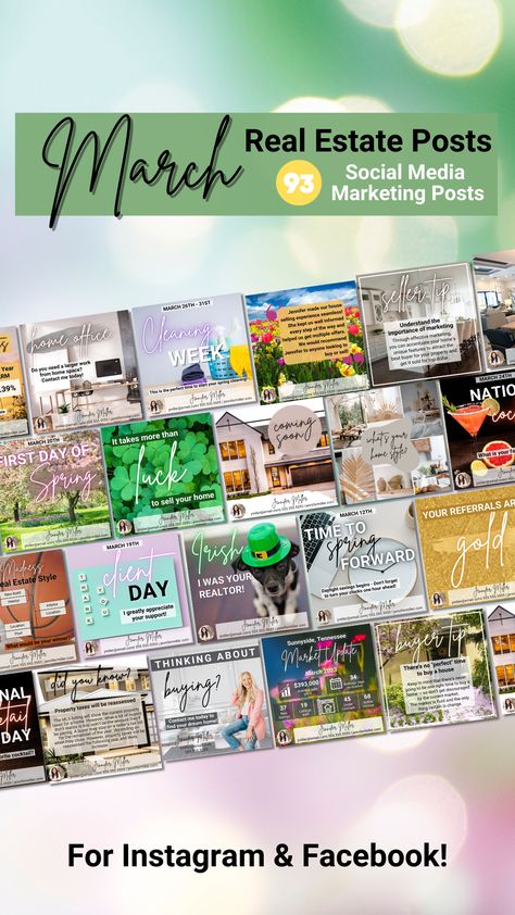 93 editable and fully customizable March real estate posts. Templates include March holidays and fun celebrations, as well as spring home maintenance tips, and other St. Patrick's Day real estate content. Spring Real Estate, Real Estate Posts, Real Estate Content, Home Maintenance Tips, March Holidays, Real Estate Advertising, Real Estate Social Media, Real Estate Templates, Real Estate Leads