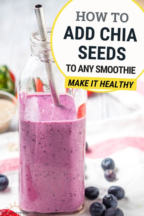 I love adding chia seeds to smoothies, and it's a trick that will keep you feeling full longer. Chia Seed Smoothie is a healthy breakfast that is quick to make. I add blueberries and strawberries to keep it low sugar. Recipe on The Worktop. | #chiaseeds #smoothies Chia Seed Smoothie Recipes, Blueberries And Strawberries, Chia Seed Smoothie, Chia Benefits, Chia Recipe, Chia Seeds Benefits, Chia Seed Recipes, Fat Burning Smoothies, Smoothie Diet Plans