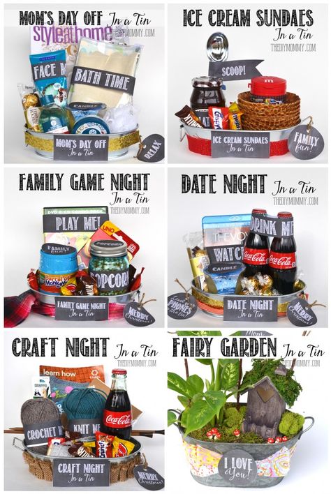 A Gift in a Tin: Craft Night in a Tin | The DIY Mommy Raffle Basket, Raffle Baskets, Baking Kit, Themed Gift Baskets, Diy Gift Baskets, Navidad Diy, Cadeau Diy, Craft Night, Christmas Gift Baskets