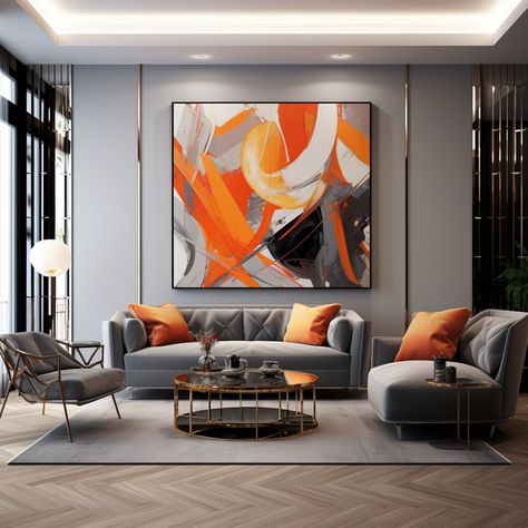 Orange, Gray, and White Modern Contemporary Abstract Wall Art Painting - Digital Print Download for Canvases and Posters. This high-resolution 300 DPI file may be printed in landscape or portrait orientation on canvases and posters of various sizes, including larges sizes such as 36" x 36" and 32" x 48." Burnt Orange And Grey Color Palette, Dark Gray And Orange Living Room, Grey White Orange Living Room, Home Portrait Ideas Wall Art, Orange And Black Living Room Decor, Gray And Burnt Orange Living Room, Black White Orange Living Room, Burnt Orange And Gray Living Room, Burnt Orange Living Room Decor Ideas