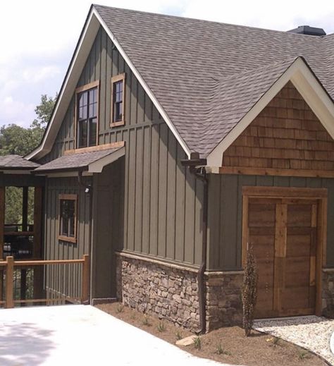 Tin Colors For Houses, Brown Roof Houses Color Schemes, Brown Board And Batten Siding, House With Brown Windows, Brown Vertical Siding, Brown Siding House Color Schemes, Rustic Siding Exterior, Brown Home Exterior, Log Cabin Exterior Paint Colors