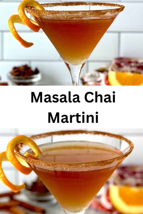 This Masala Chai Martini is an easy, fun drink recipe! Masala chai (a black tea with notes of cinnamon, ginger, cardamom and more) is shaken with vodka and orange liqueur to create an elegant beverage. Instructions include 1 serving or how to mix it for a crowd. This spiced chai cocktail is perfect for Halloween, Thanksgiving, cocktail parties or brunch. Winter Martini, Chai Tea Cocktail, Chai Martini, Chai Cocktail, Best Martini Recipes, Martini Recipes Easy, Home Cocktails, Milky Coffee, Mojito Drink