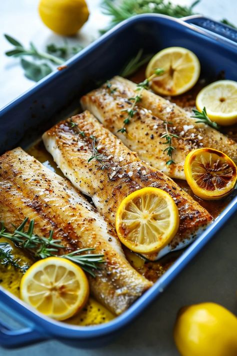 Mediterranean Herb and Lemon Baked Branzino - Cooking Mediterranean Medtrain Food, Branzino Recipe Filet Pan Seared, Mediterranean White Fish Recipes, Bronzino Fish Recipe Oven, Fish And Seafood Recipes, Fish And Vegetable Recipes, Mediterranean Diet Fish Recipes, Sea Food Ideas, Branzino Recipe Filet