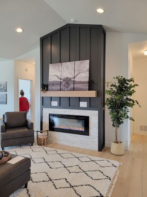 Floor To Ceiling Wood Fireplace, Shiplap Ceiling And Fireplace, Trim Wall Fireplace, Fireplace Wall Ideas With Tv On Side, Fireplace With Peaked Ceiling, No Tv In Living Room, Board And Barton Fireplace, Black Shiplap Above Fireplace, Fire Places Ideas Living Room Tall Ceilings