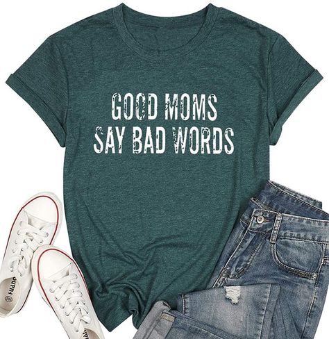 Made from premium and super soft cotton blend, this cute t shirt is cozy, stretchy and breathable on your skin. You will stay comfy all day long. Good mom say bad words shirt, short sleeve, mom shirt, mama shirt, casual fashion style, creative letter design, bad words shirt, funny saying shirt, which perfectly pairing with a simple jean, short, legging or short skirt. Make a great gift for your mother, your grandma grandparent. Use my affiliate link for more information. Indigo Plant, Word Shirts, Short Sleeve Shirt Women, Holiday Tops, Floral Print Shirt, Cold Weather Outfits, I Left, Mom Shorts, T Shirts With Sayings